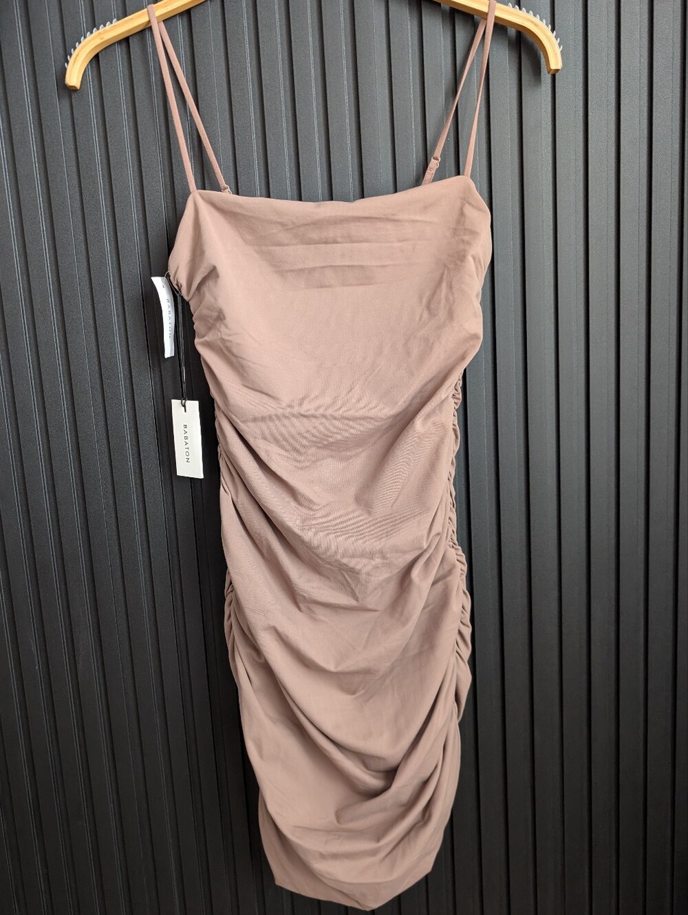 Aritzia Babaton Contour Ruched Cami Mini Dress | Deep Taupe Size M NWT